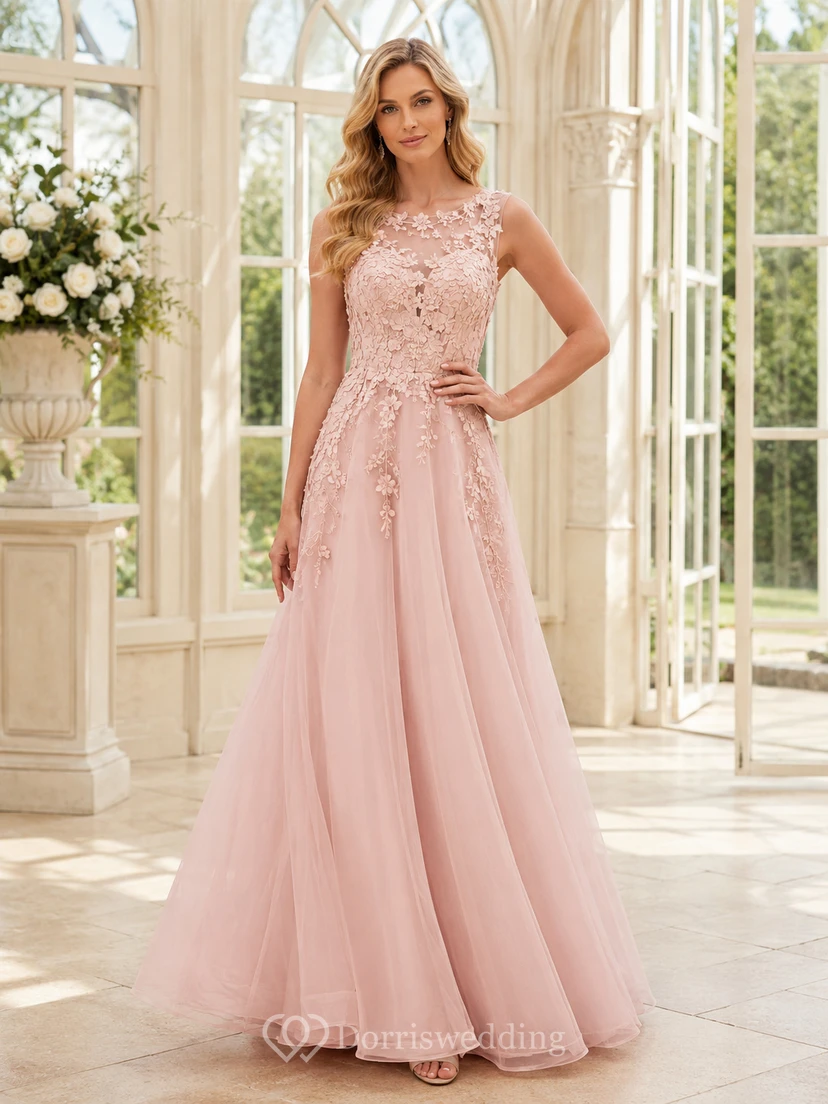 Blush V-Neck Floral Applique Tulle Formal Dress