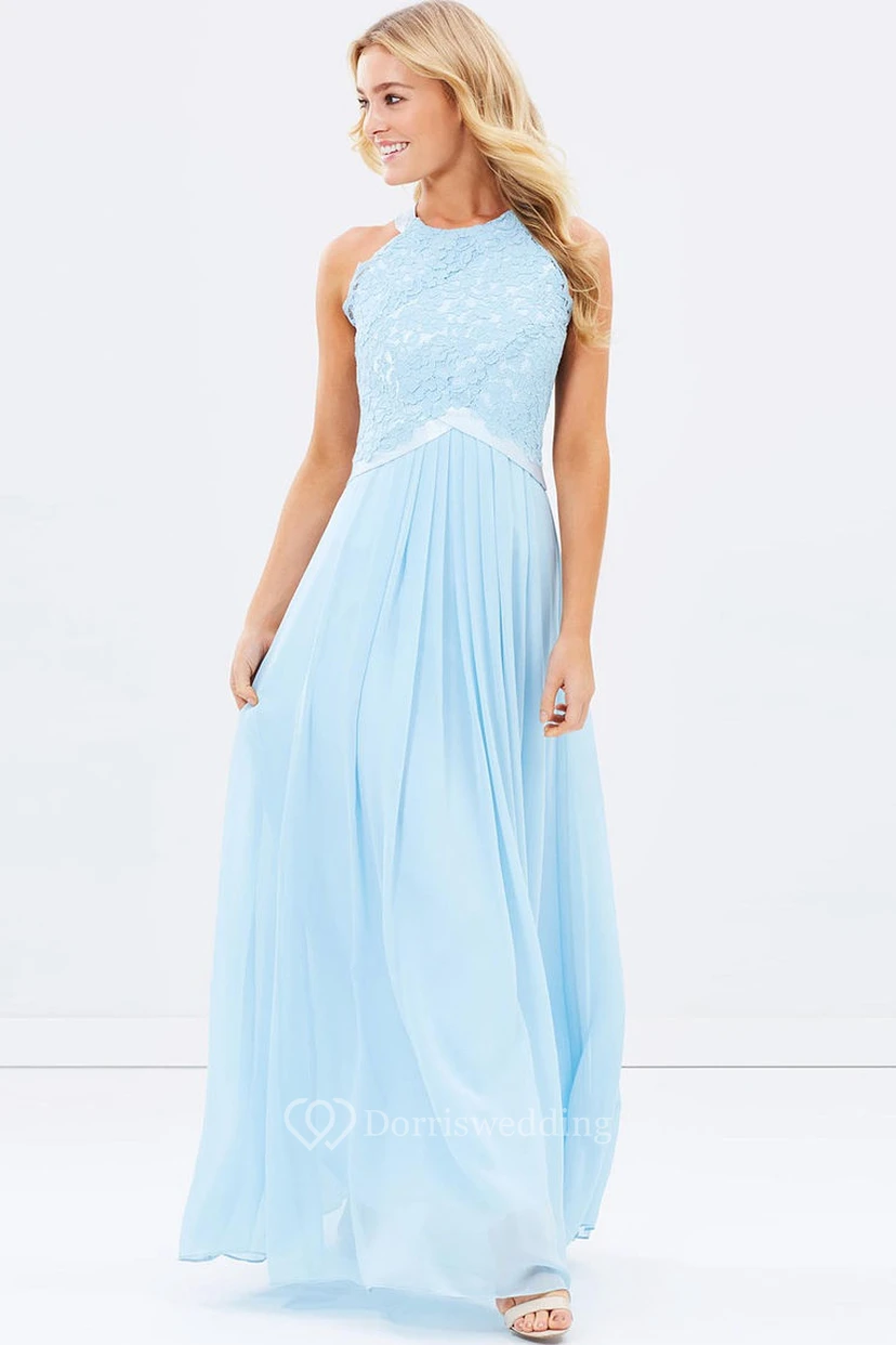 Appliqued Scoop Neck Sleeveless Chiffon Blue Bridesmaid Dress With Ribbon view 5