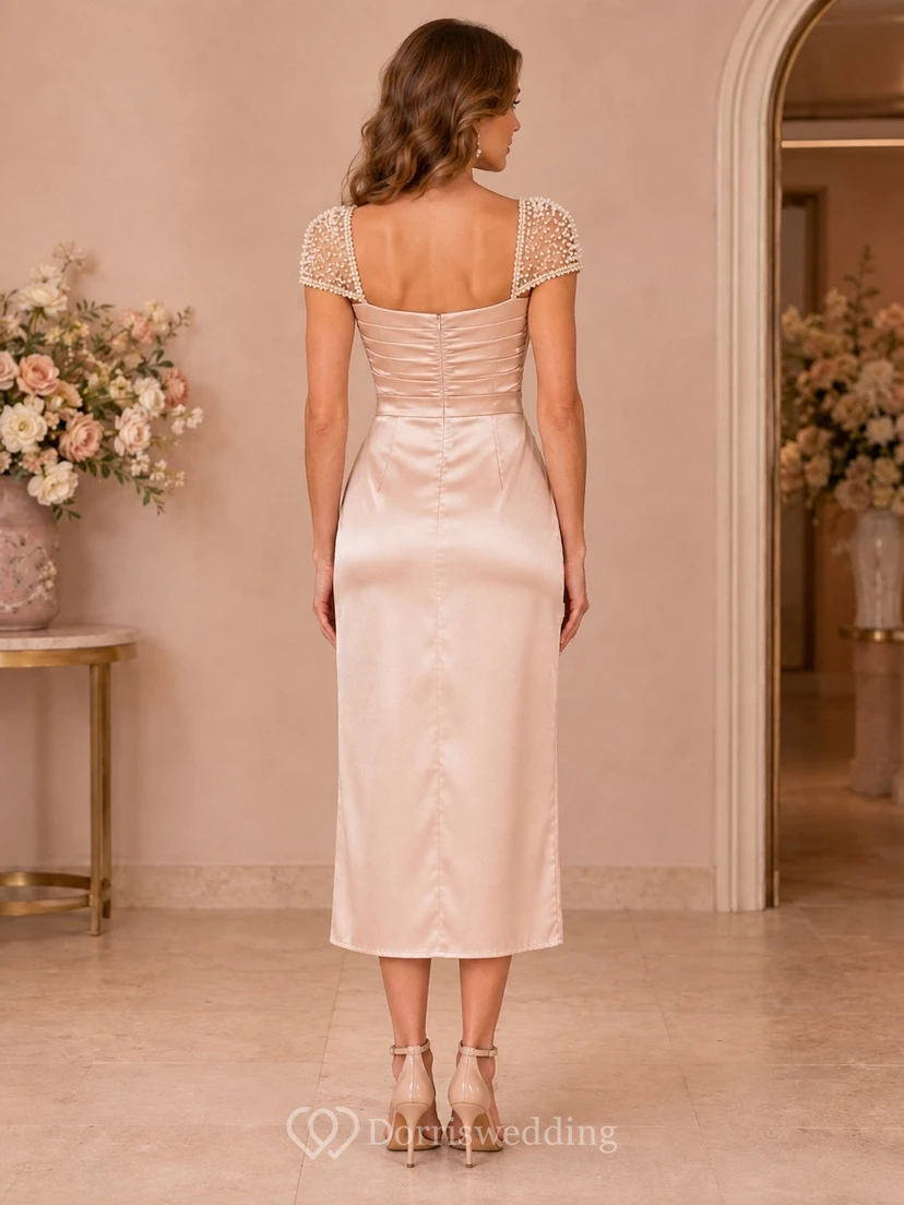 Blush Satin Sweetheart Short-Sleeve Ruched Tea-Length Formal Dress view 2