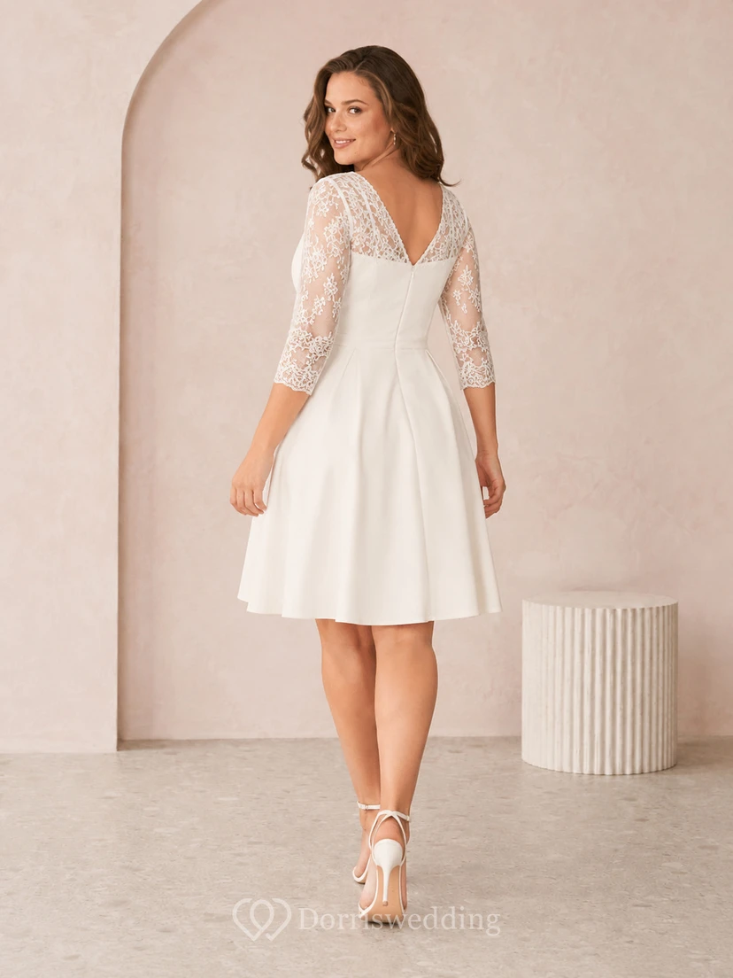 Robe de mariée élégante pour la mairie, col en V, manches trois-quarts en dentelle, coupe trapèze, longueur genou view 2