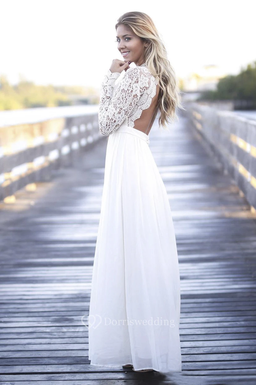 Simple Boho Illusion Lace Long Sleeve Jewel Tulle Dress With Open Back