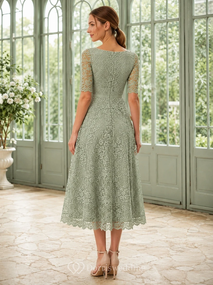 Modest Sage Tea-Length Lace A-Line Square Neck Half Sleeve Dress view 2