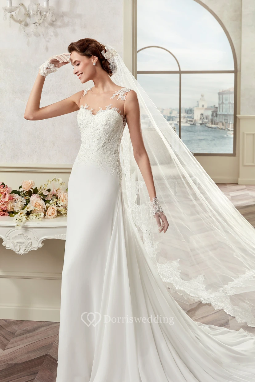 Sweetheart Sheath Satin Gown With Lace Bodice And Detachable Train view 3