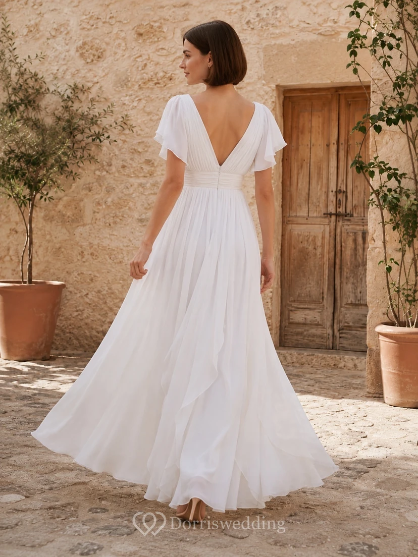 Bohemian Empire Flutter Sleeve V-Neck Chiffon A-Line Floor-Length Wedding Dress view 2