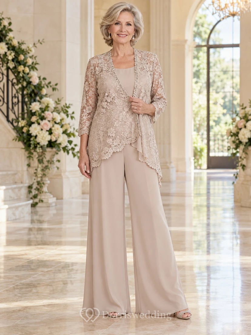 Modest Champagne Scalloped Lace Jacket Palazzo Mother Wedding Pantsuit