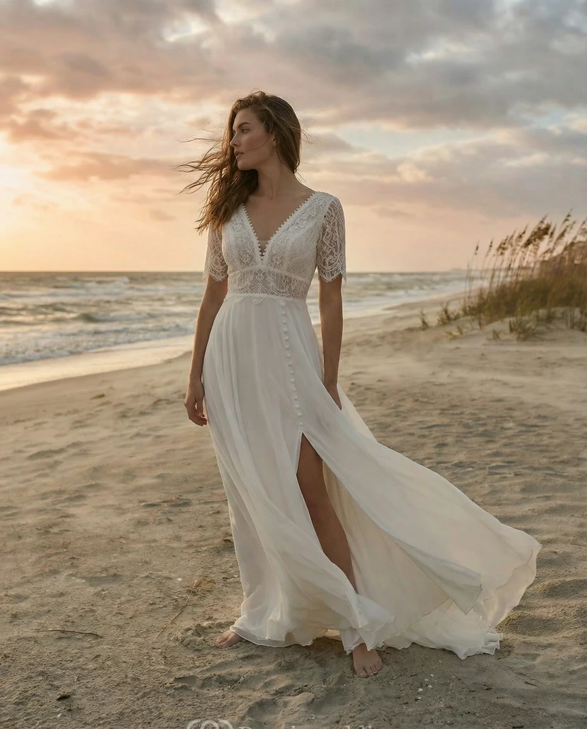 Casual Boho V-Neck Lace Wedding Dress - Short Sleeve Chiffon Bridal Gown with Button Detail and Slit video preview