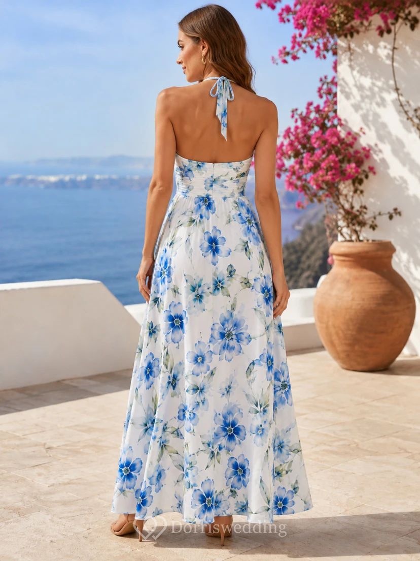 Blue Floral Halter Neck Vacation Chiffon Maxi Dress view 2