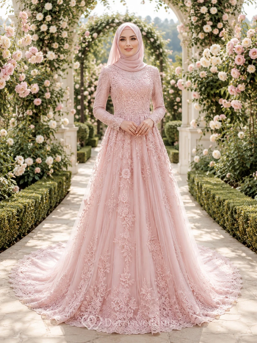 Blushing Pink Muslim Long Sleeve Lace A-Line Wedding Dress