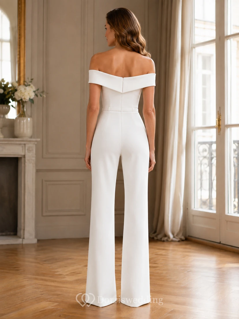 Combinaison élégante pour mariage civil, épaules dénudées, manches courtes plissées, jambes larges et longueur au sol view 2