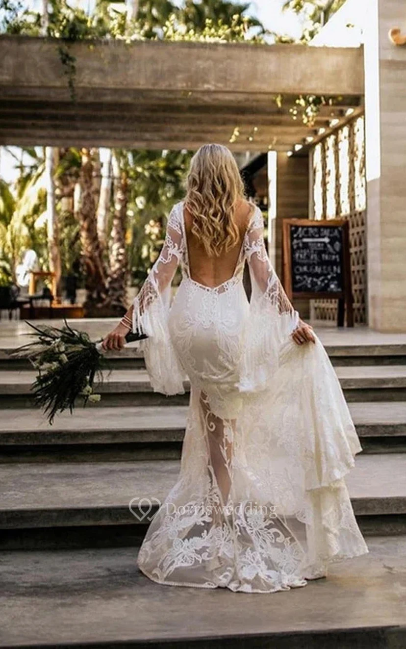 Illusion Bateau-neck Long Sleeve Sheath Pleated Applique Backless Wedding Dress view 2