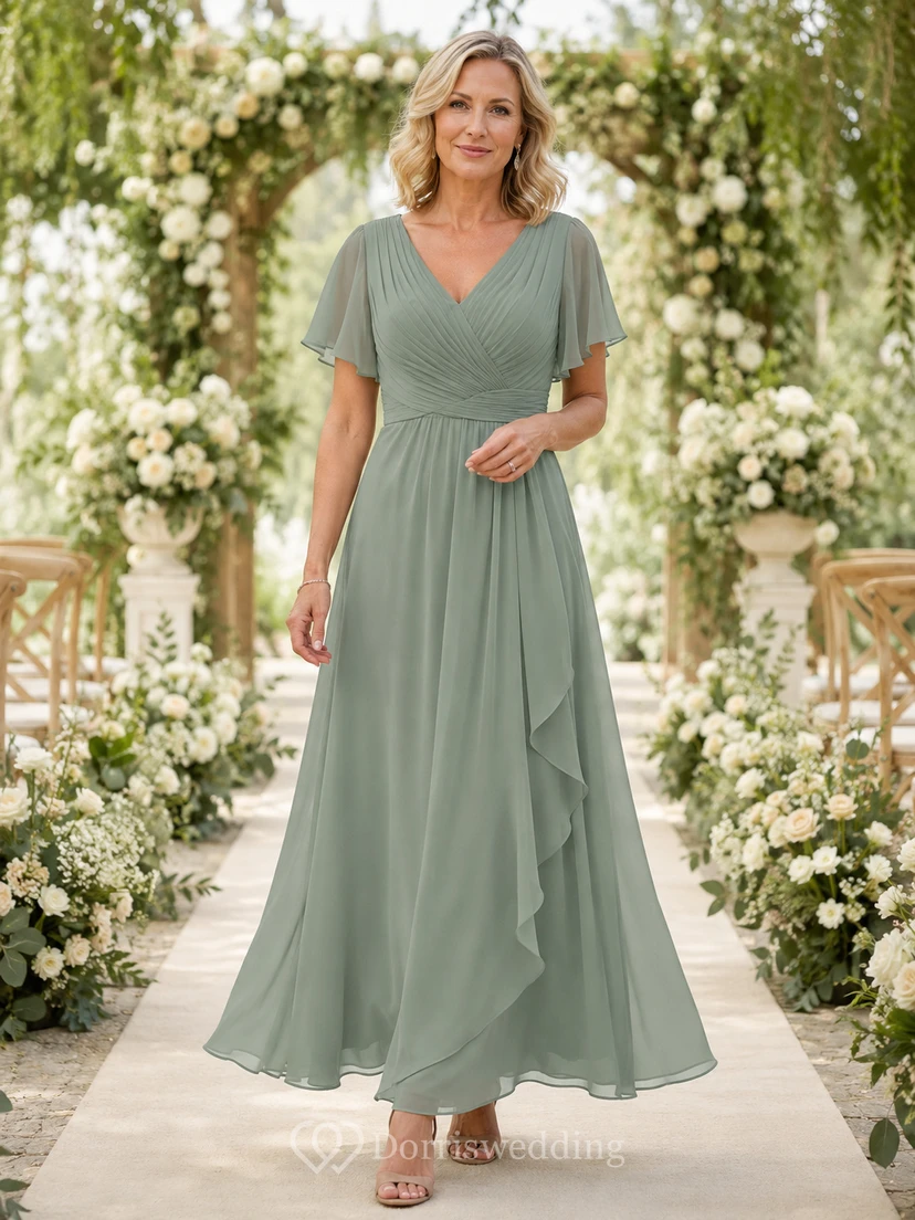 Salbeigrünes, knöchellanges, romantisches A-Linien-Chiffonkleid für die Mutter der Braut mit V-Ausschnitt, flatternden Ärmeln und fließendem Rock
