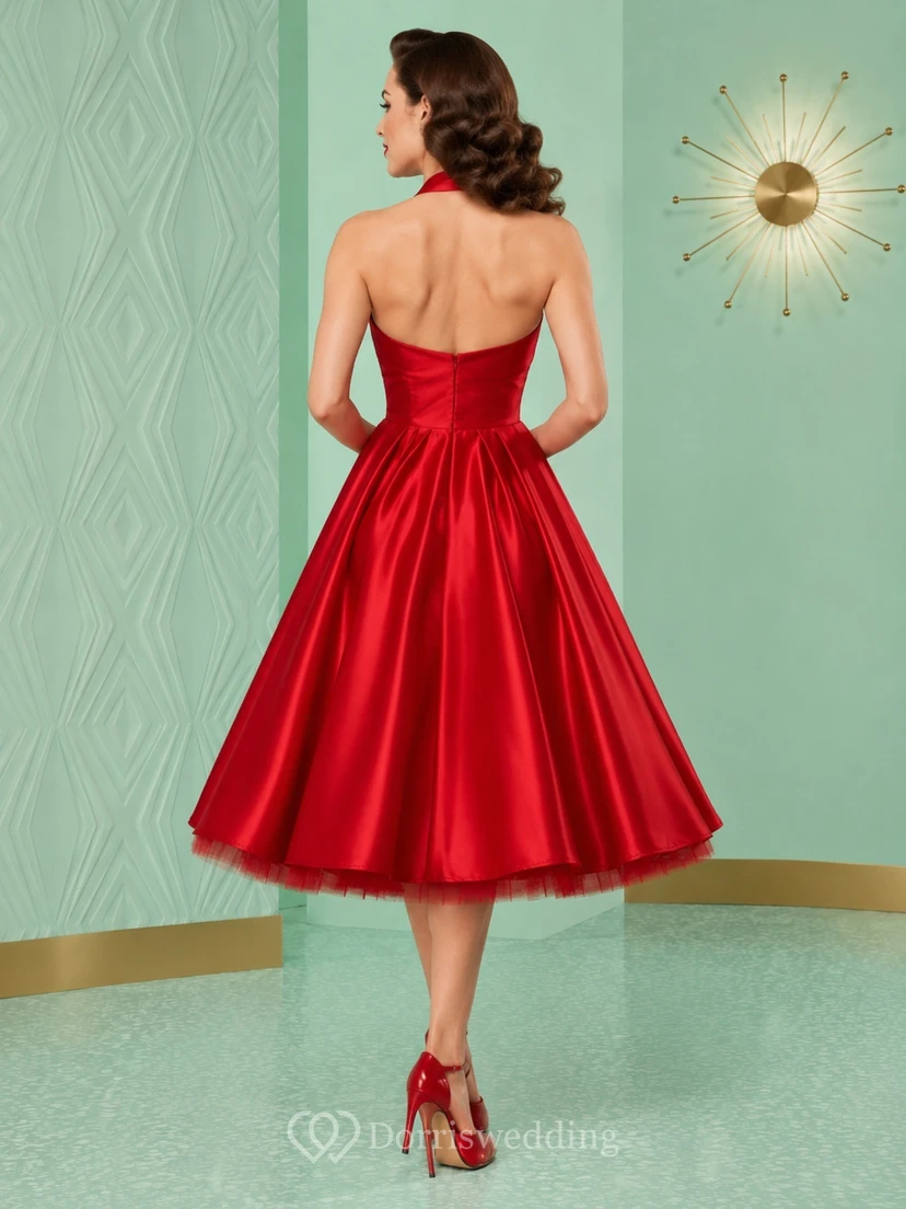 Rotes Vintage-Cocktailkleid aus Satin mit Spaghettiträgern, A-Linien-Ausschnitt und herzförmigem Herzausschnitt, knielang view 2