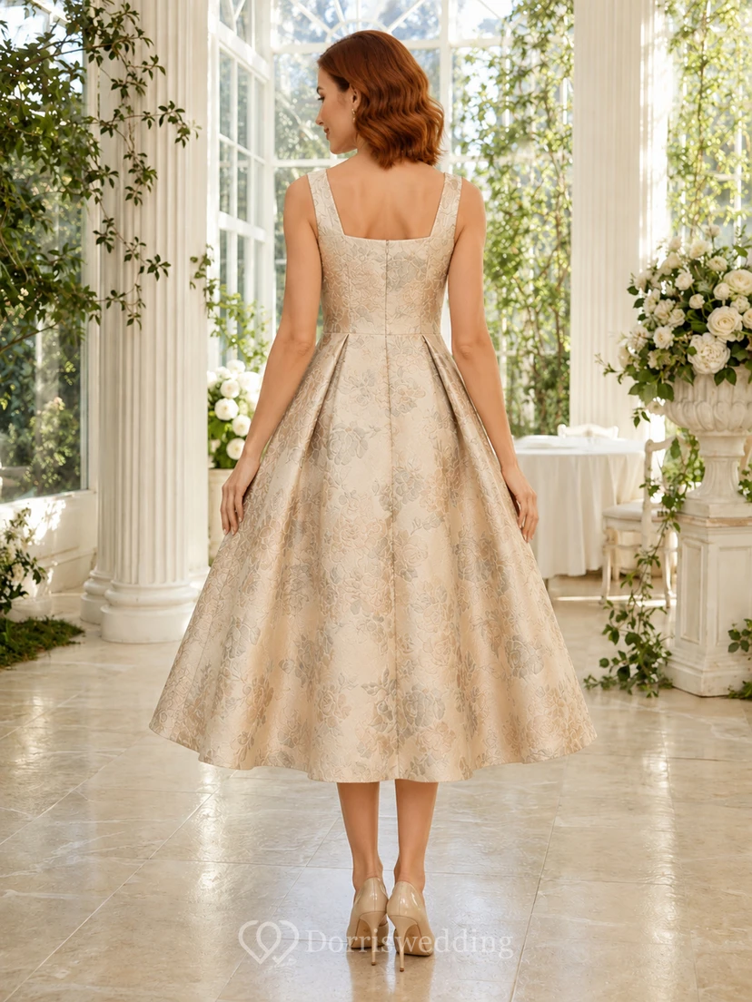 Champagne Elegant Indoor Wedding Guest Bridesmaid Cocktail Formal Dress A-Line Tea-Length Square Neck Strappy Sleeveless Satin Jacquard Floral Print Embroidered Strappy Back view 2