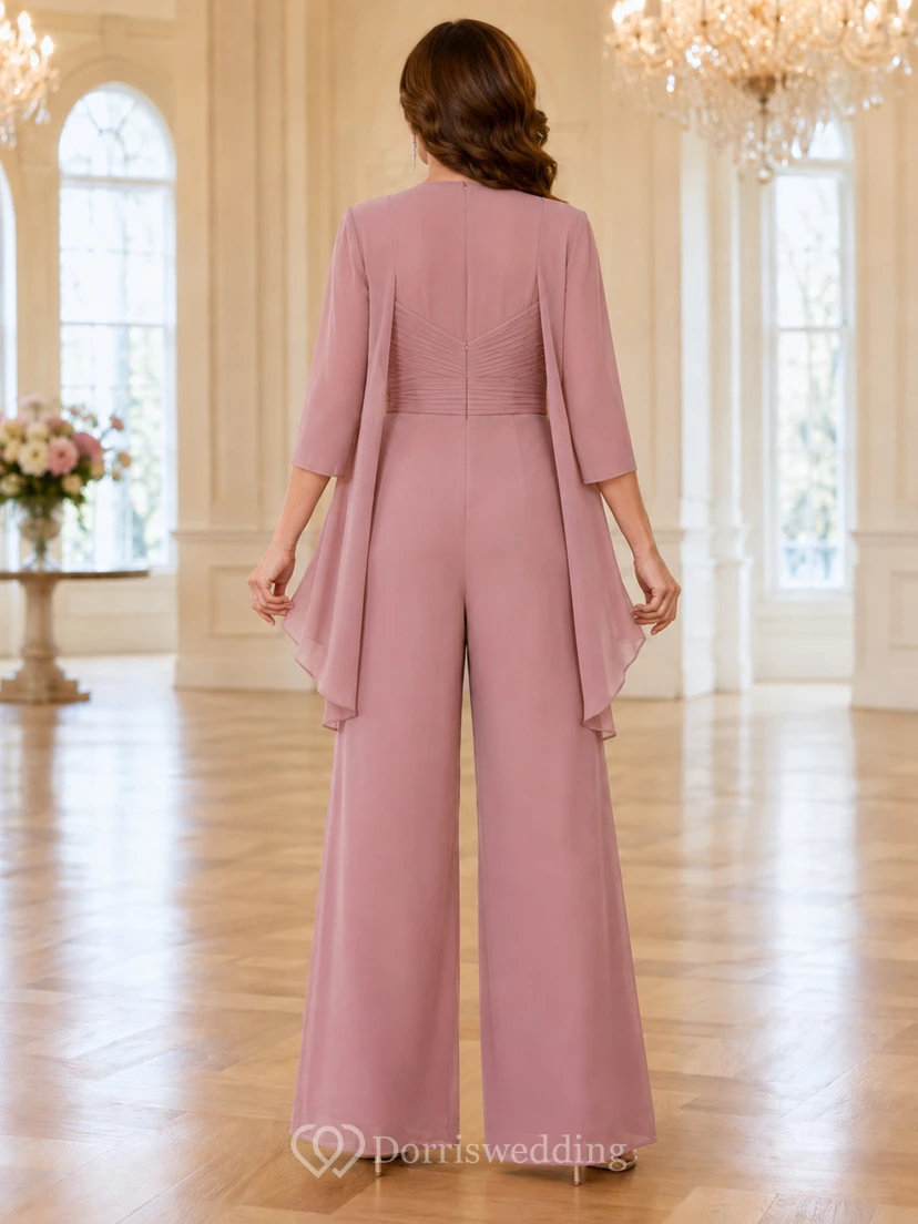 Dusty Rose Mother Pantsuit with V Neck Chiffon Cape Jacket and Wide Leg Pants view 2