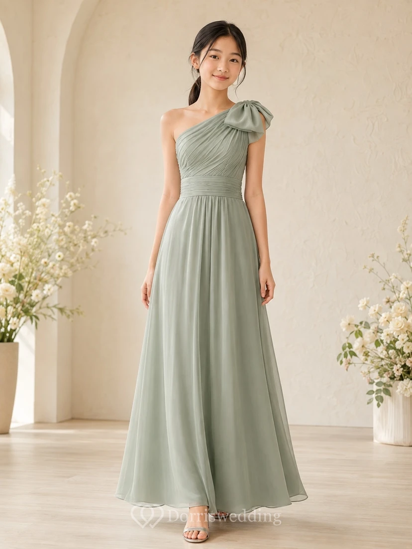 Elegantes junges Brautjungfernkleid in Celadon-Tönen, A-Linie, One-Shoulder, ärmellos, aus Chiffon