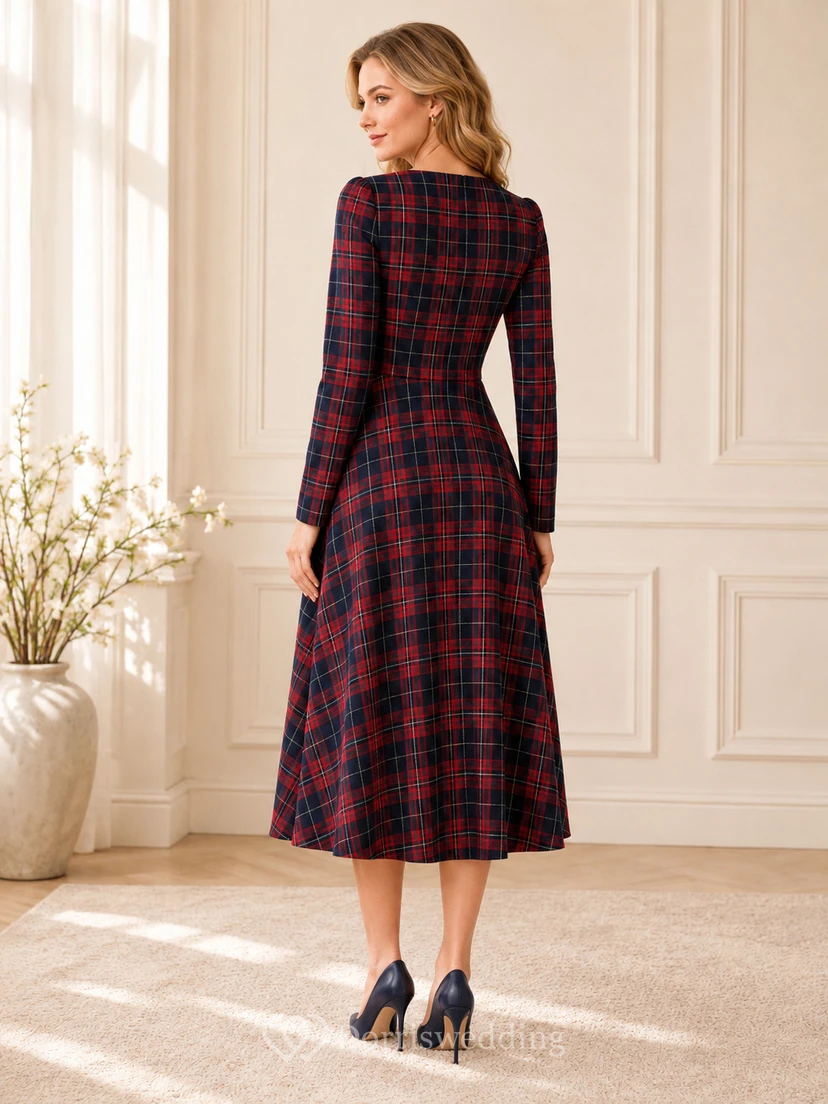 Vestido midi de invierno de manga larga estilo barco con estampado de tartán rojo view 2