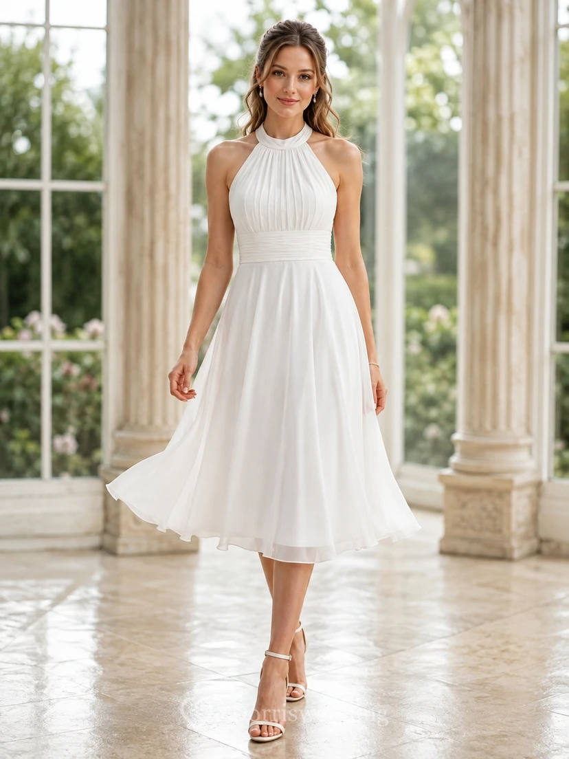 Civil High Neck Halter Pleated Chiffon Tea-Length A-Line Wedding Dress