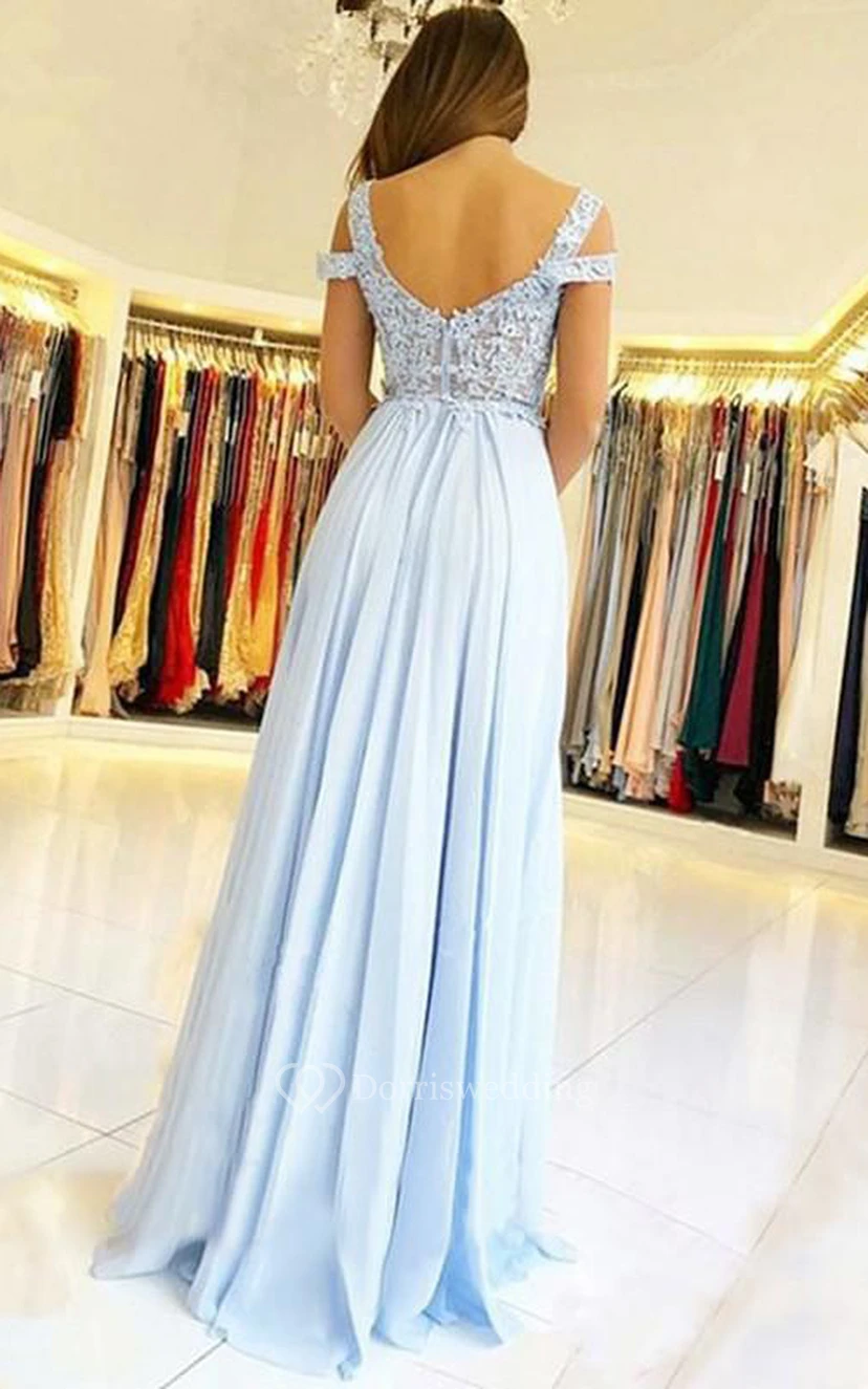 Elegantes, bodenlanges A-Linien-Kleid aus Chiffon und Spitze mit kurzen Ärmeln und Falten view 2