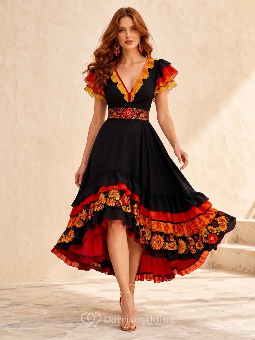 Vibrant Black Floral Cumbia A Line High Low V Neck Ruffle Sleeve Dress