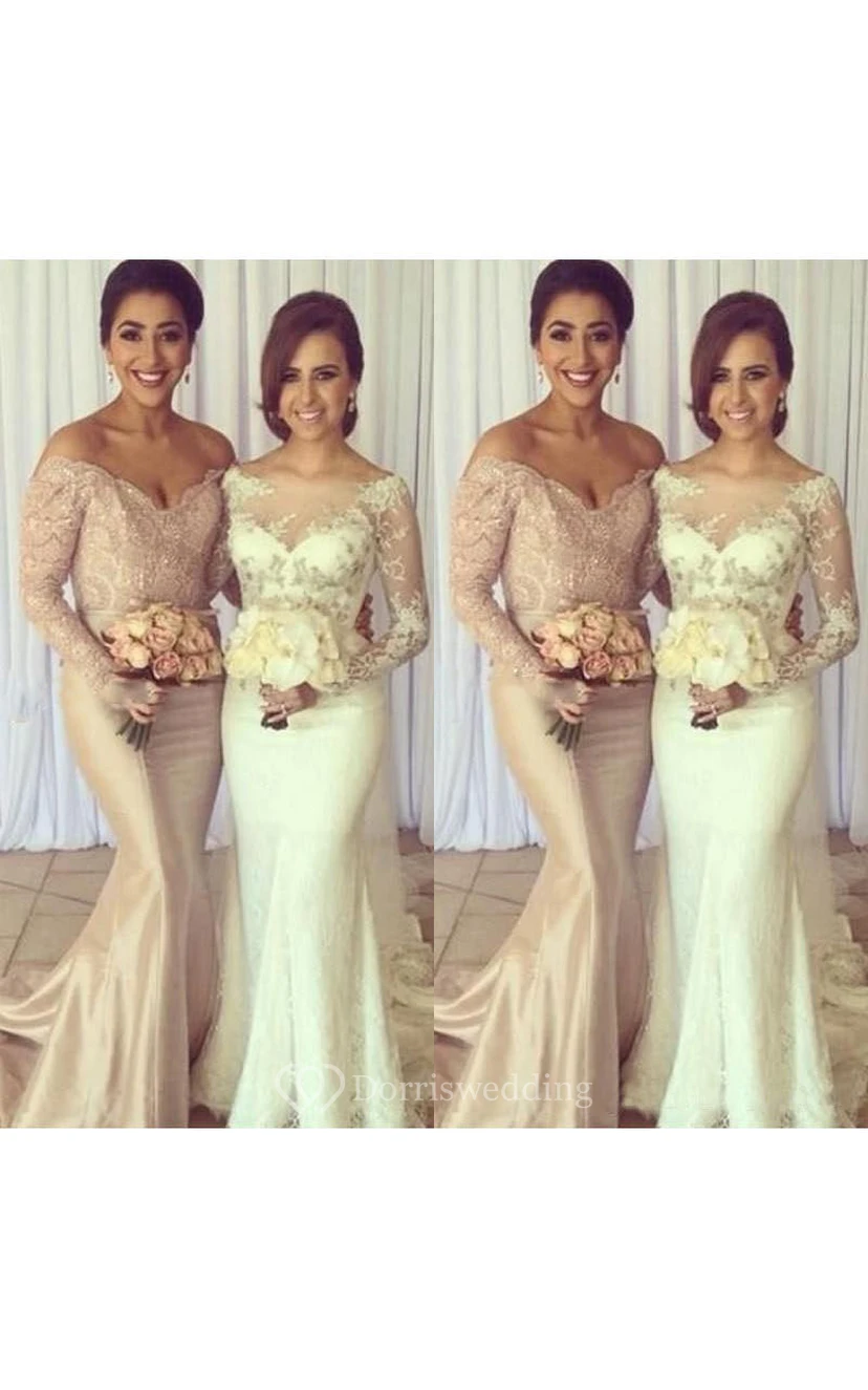Long-sleeved V-neck Long Chiffon Dress with Lace Appliques
