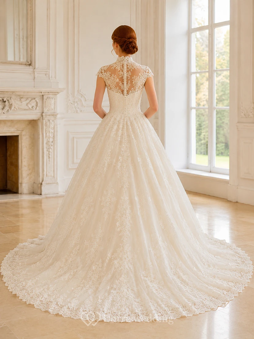 Robe de mariée en dentelle et tulle, coupe trapèze, col montant, manches longues et traîne chapelle. view 2