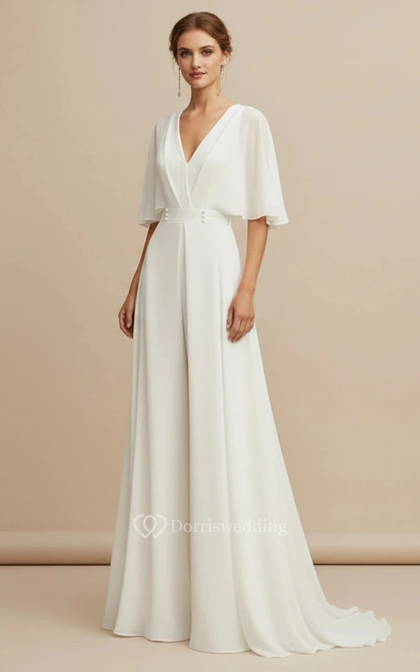 Minimalist White Chiffon Bridal Jumpsuit with V-Neck and Flutter Sleeves view 3