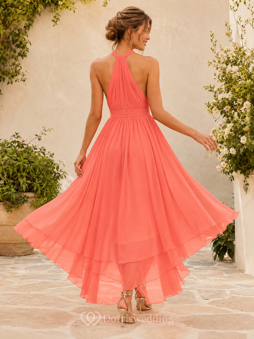 Coral Halter Chiffon Pleated Ruffled High-Low A-Line Garden Dress Modern view 2