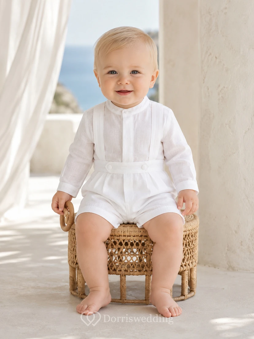 Moderner weißer, langärmeliger, kragenloser Leinen-Baby-Tauf-Strampler (Shorts)