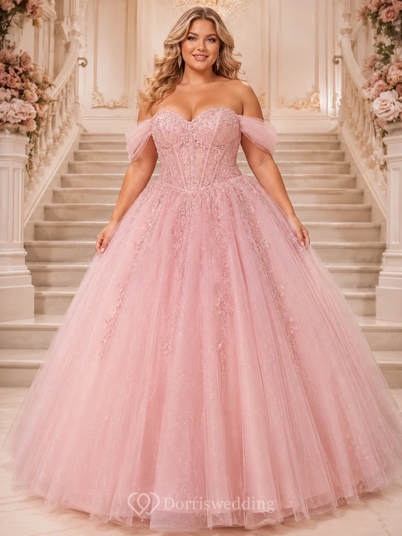 Vestido de fiesta formal de princesa de tul brillante con hombros descubiertos, color rosa empolvado, talla grande, para quinceañera