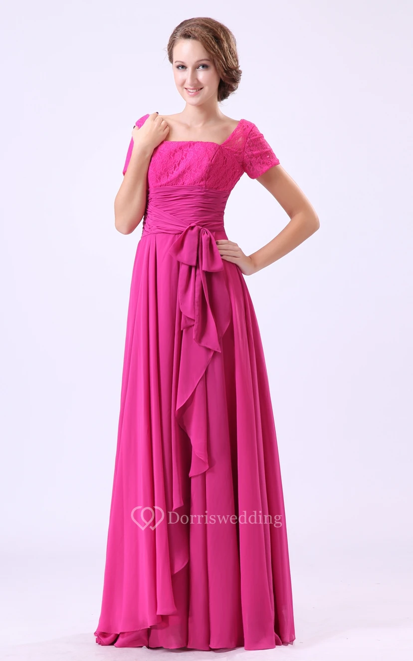 Square-Neck Short-Sleeve Chiffon Dress With Pleating and Laced Top