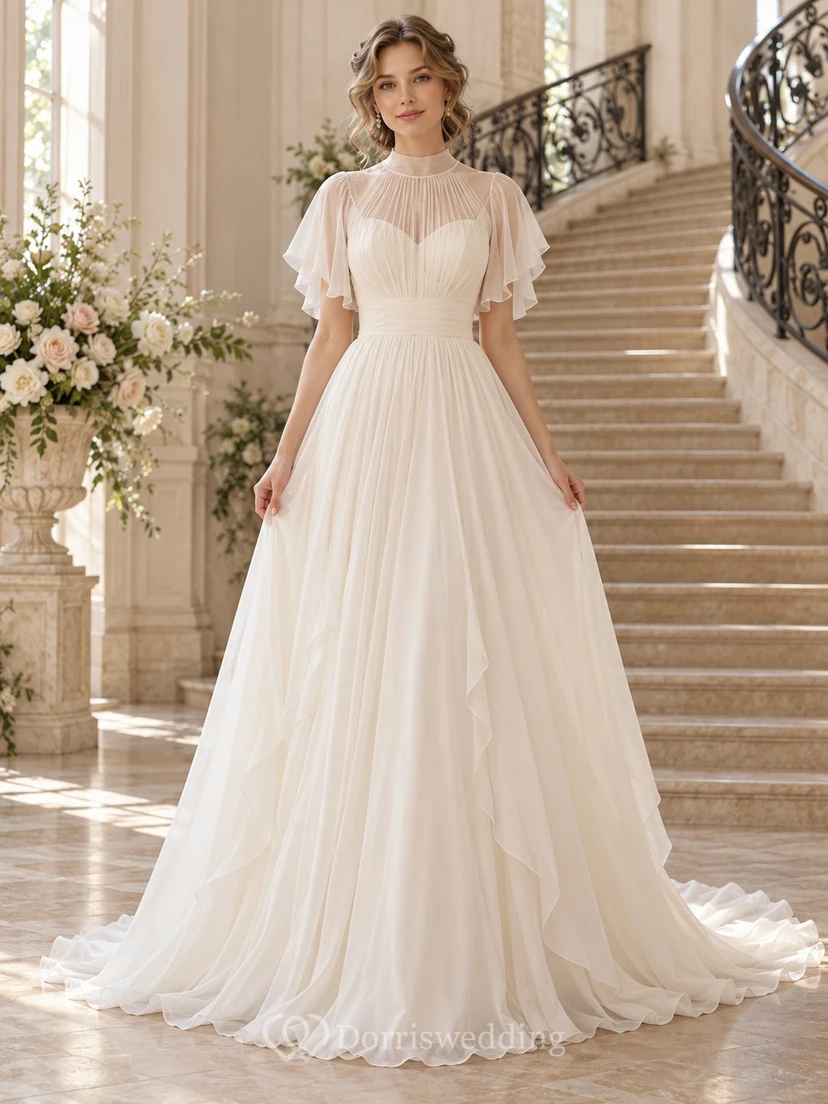 Modest High Neck Flutter Sleeve Chiffon A-line Train Wedding Dress