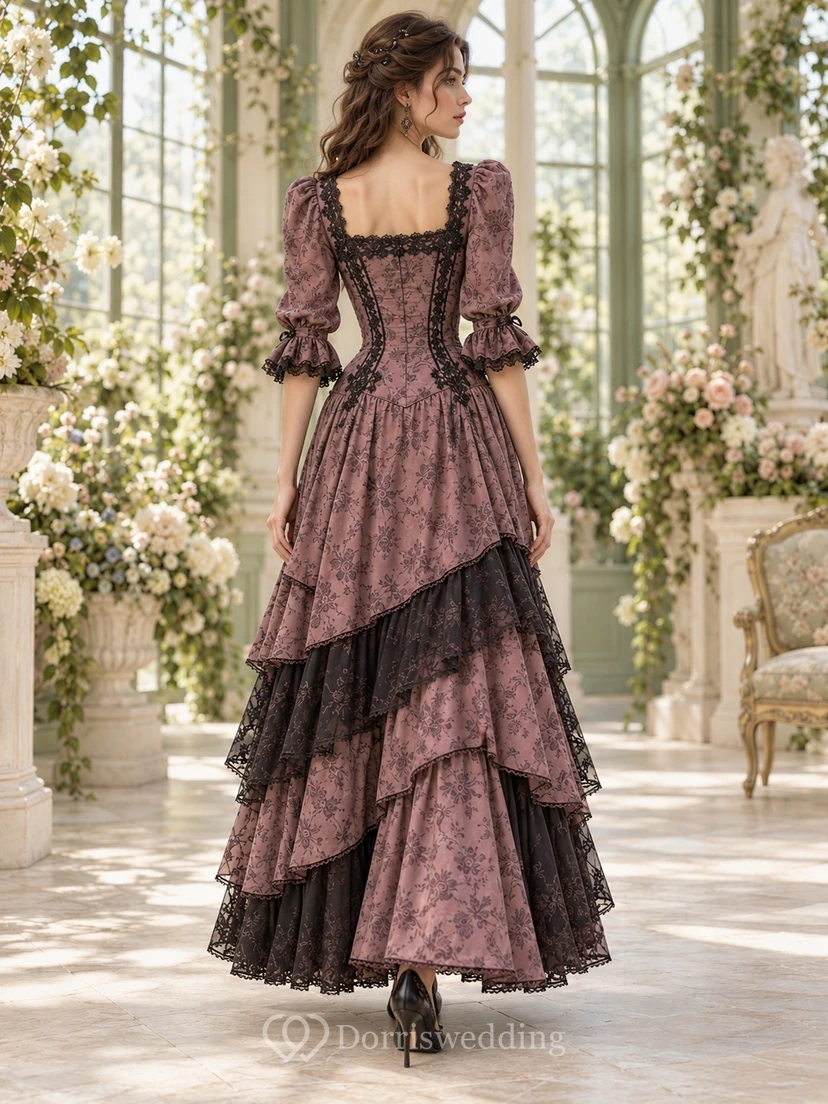Gothic Victorian Mauve Square Neck Puff Sleeve Tiered Guest Dress view 2