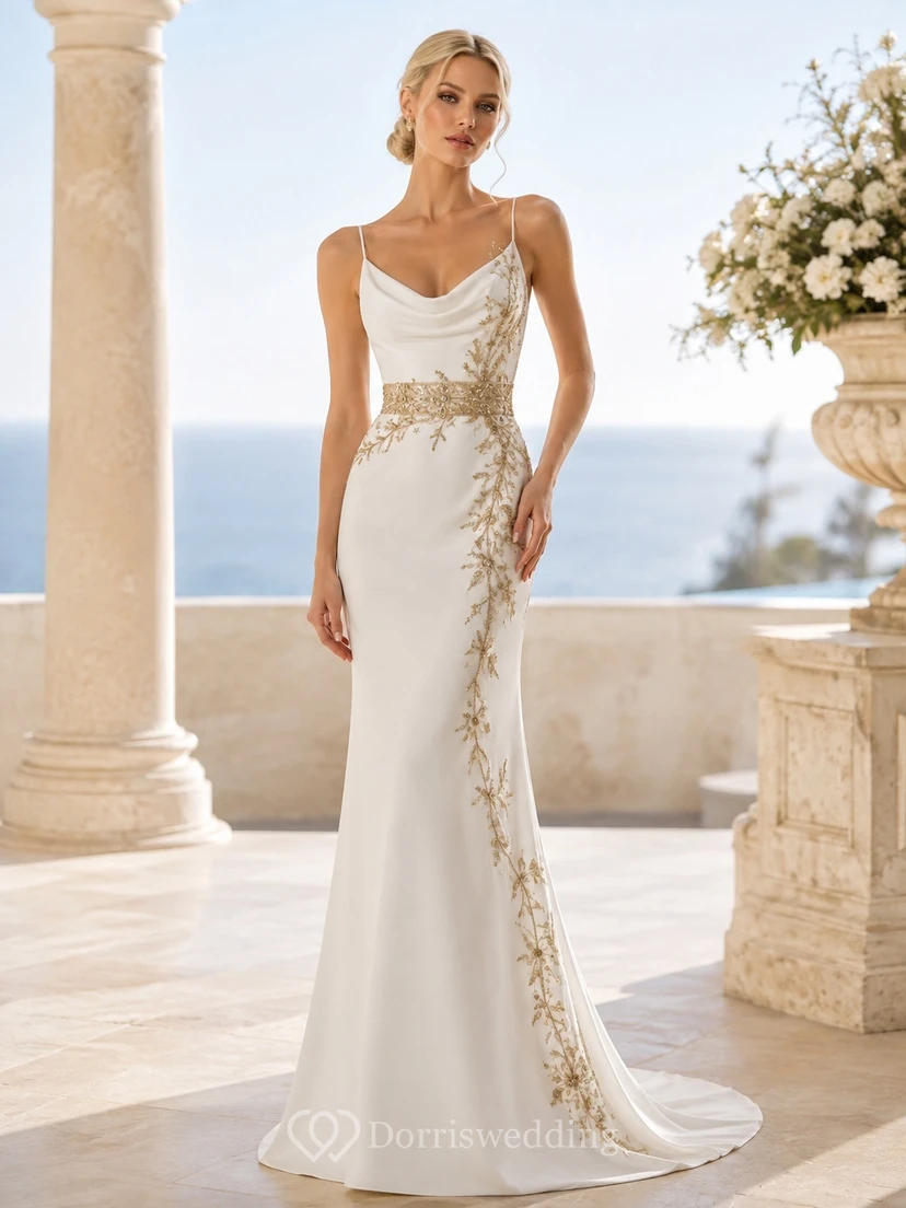 Coastal Gilded Drape Mermaid/Trumpet Bridal Dress Cowl Neck Sleeveless Floor-length Sweep Train Modern Gown