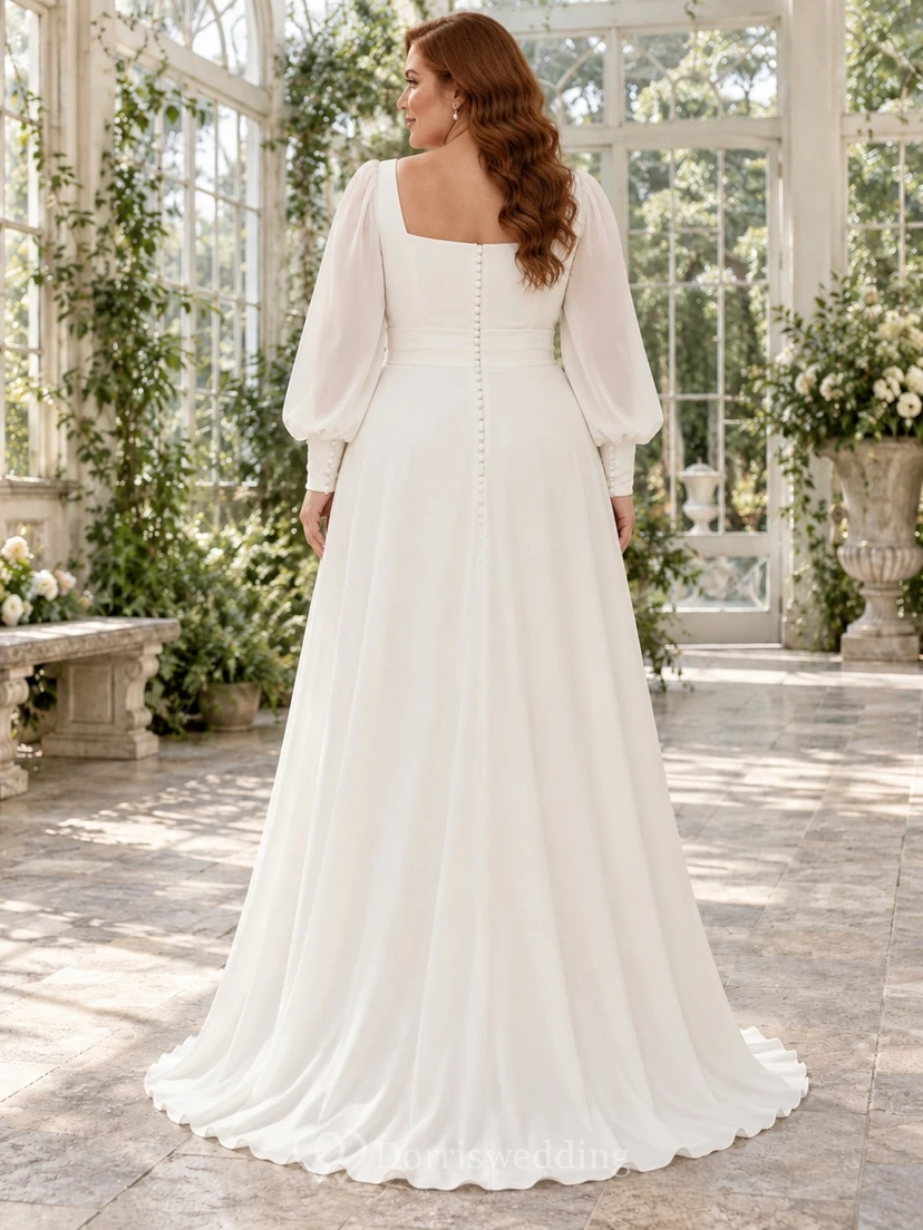 Vestido de novia de corte A, modesto, con escote cuadrado, manga larga, mangas transparentes y espalda abotonada. view 2