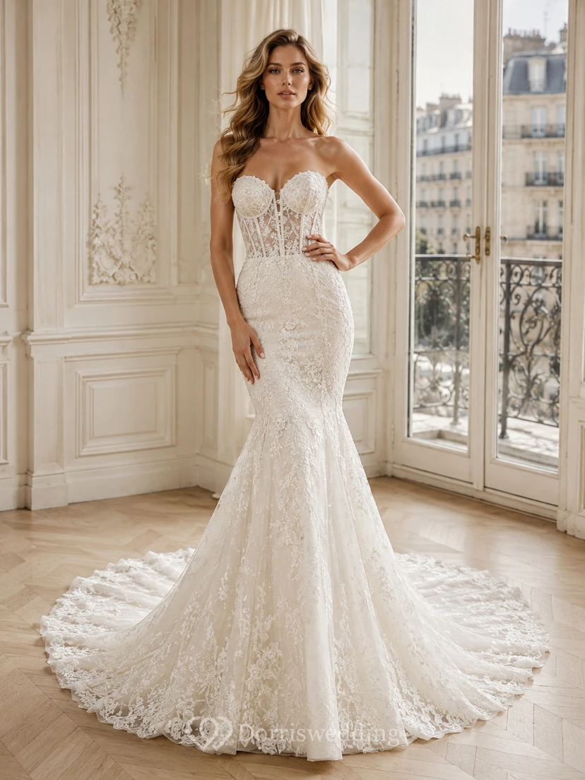 Romantisches Brautkleid mit Meerjungfrauen-Schleppe, floraler Spitze und luxuriöser Kathedralenschleppe