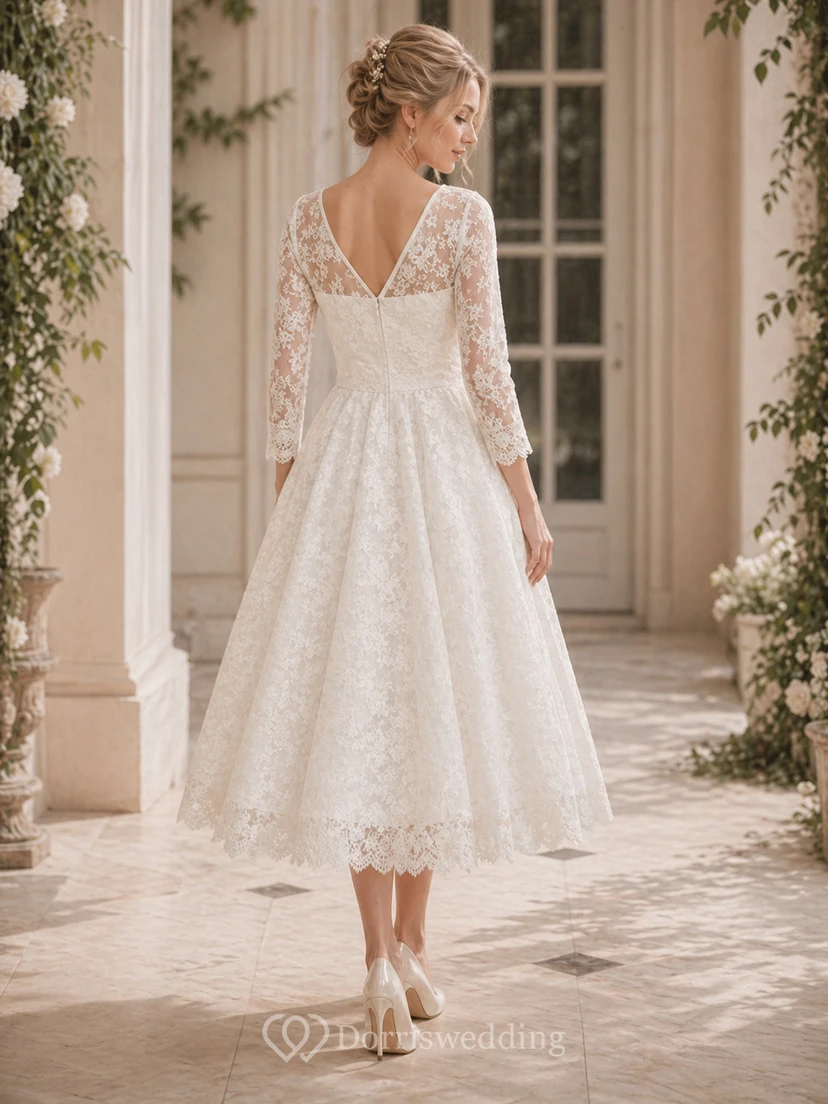 Vestido de novia vintage de largo midi | Vestido de encaje de manga larga para tallas grandes view 2