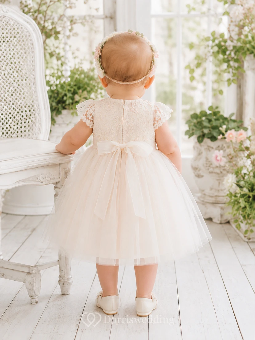 Blushing Pink Baby Baptism Christening Ceremony Dress A-Line Knee-Length Jewel Neck Sleeveless Tulle Floral Detail Bow Back Button Back view 2