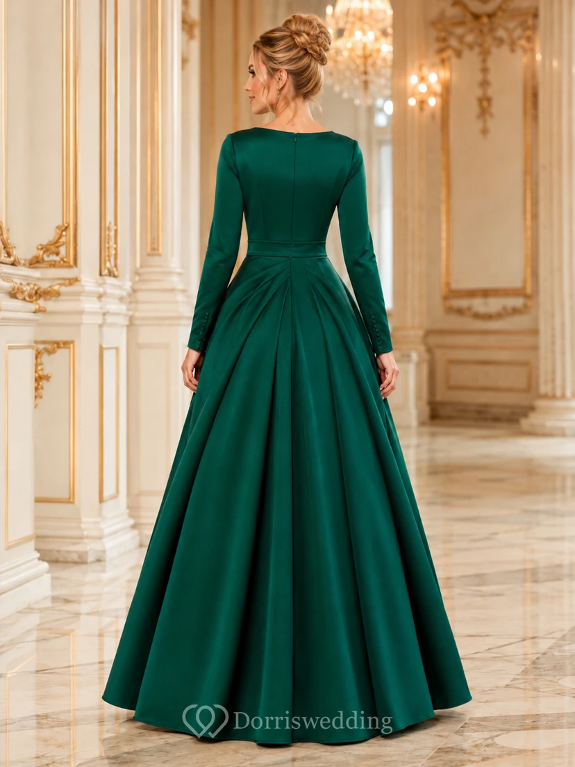 Emerald Long Sleeve Satin A Line Modest Gala Gown view 2