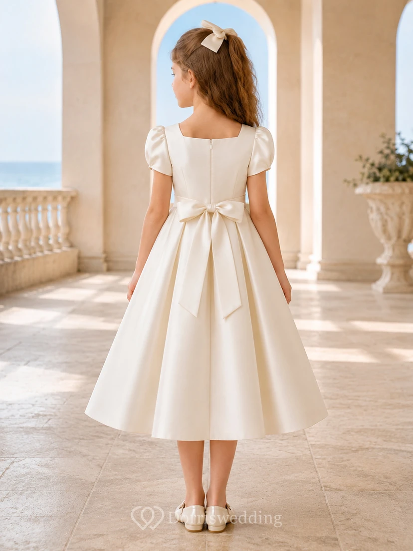 A-Line Quiet Luxury Flower Girl Dress with Puff Sleeves, Smooth Satin Bodice, Tea-Length Skirt, Rear Bow, Quiet Formal Style view 2