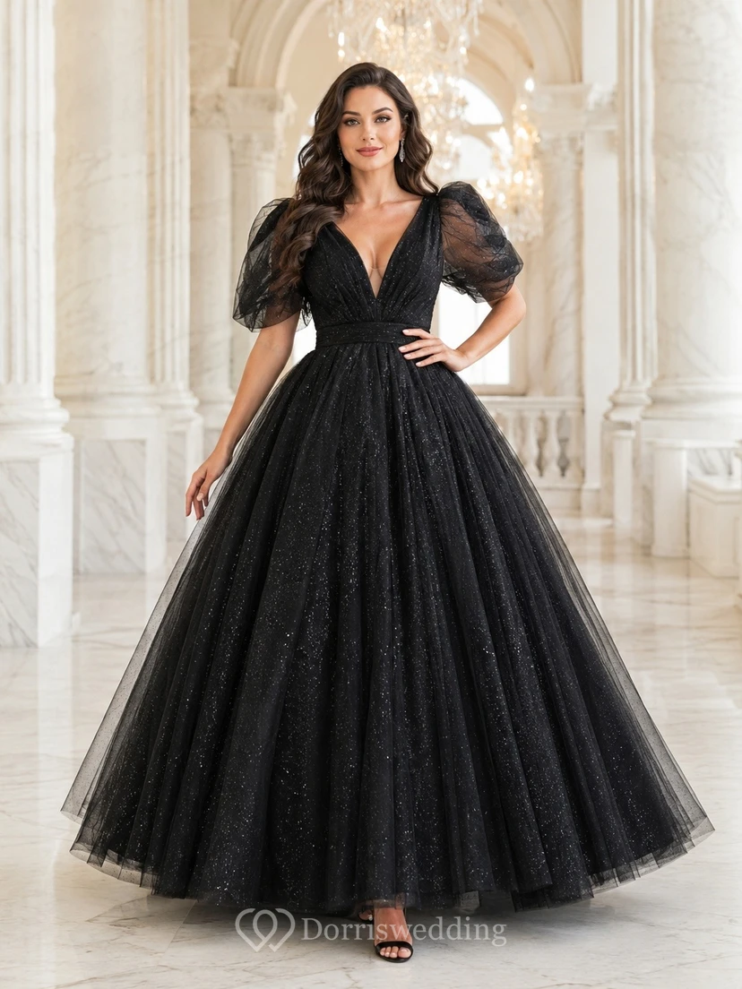 Black V-Neck Puff Sleeve Tulle Ball Gown Evening Dress