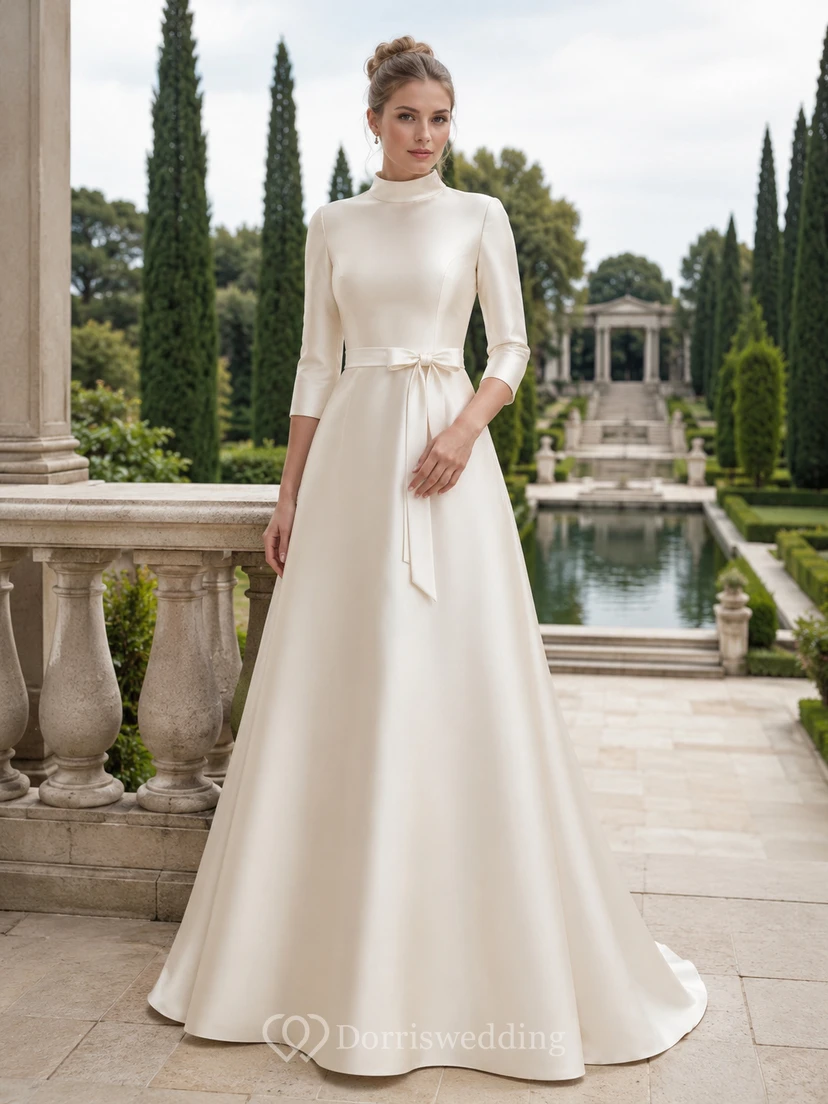 Robe de mariée Temple Garden en satin à col montant et coupe trapèze