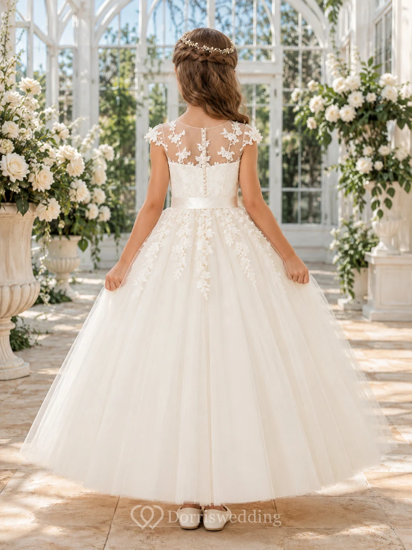 Flower Girl Dress Champagne Lace Tulle Ball Gown Jewel Neck Floor Length Sash Detail view 2