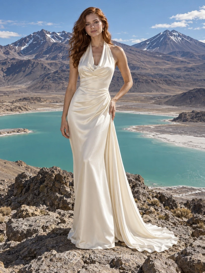 Sencillo vestido de novia vintage de charmeuse con escote halter, cuello drapeado y drapeado lateral.
