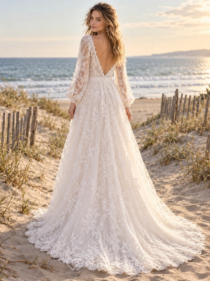 Boho Long Poet Sleeve Plunging Lace Flowing Bridal Wedding Dress view 2