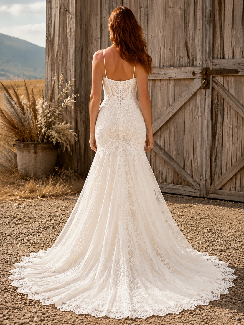 Vestido de novia de encaje campestre, estilo sirena, con escote cuadrado, sin mangas y cola de capilla. view 2