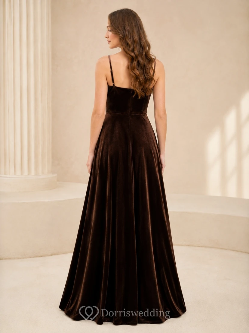 Schokoladenbraunes Brautjungfernkleid, A-Linie, Spaghettiträger, ärmellos, Samt, Schleife, elegant view 2