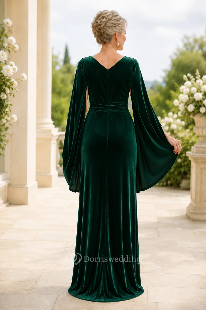 Dark Green Velvet V-Neck Sheath Mother Dress with Cape Sleeves view 2