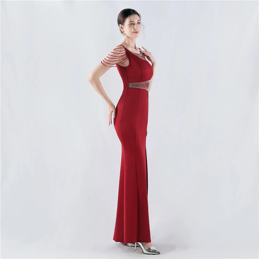 Heavy Hot Diamonds For Transparent Mesh High-Slit Satin Evening Dress Annual Meeting Wedding view 34