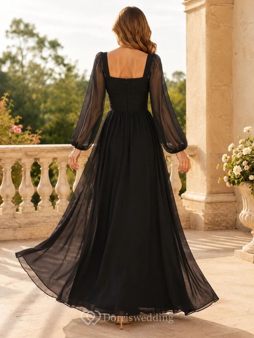 Vestido de noche largo de gasa negra con escote cuadrado y mangas fluidas view 2
