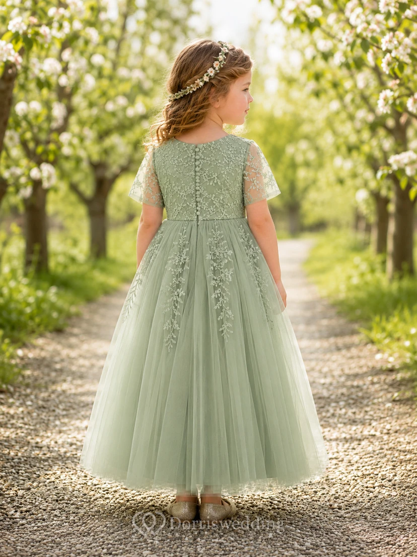 Blumenmädchenkleid aus Salbeigrüner Spitze und Tüll, A-Linie, kurze Ärmel, Rundhalsausschnitt, Teelänge view 2